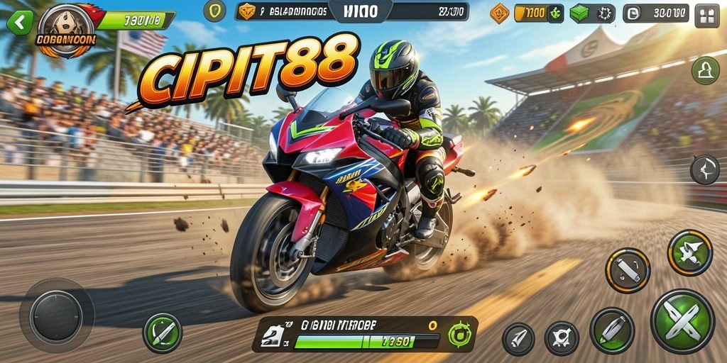 Screenshot gameplay menunjukkan balapan motor yang seru dan kompetitif.