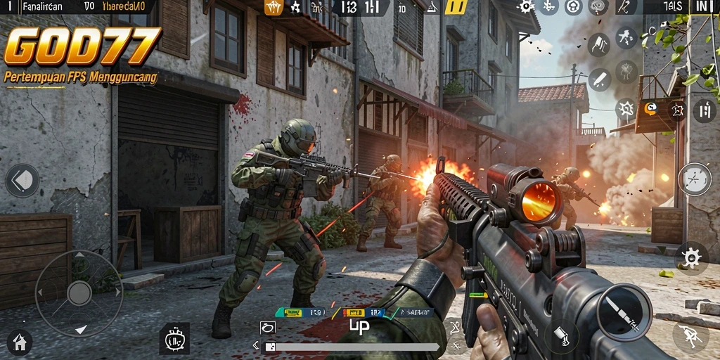 Menampilkan aksi seru dalam game FPS GOD77.