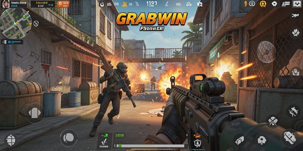 Tampilan gameplay FPS yang intens dan mendebarkan di GRABWIN.