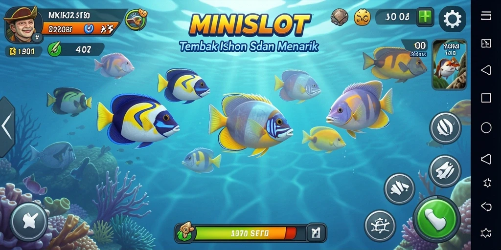 Screenshot gameplay MINISLOT menampilkan aksi menembak ikan yang mendebarkan.