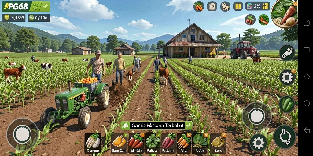 Screenshot gameplay PGG68 menampilkan kebun yang indah dan tanaman yang subur.