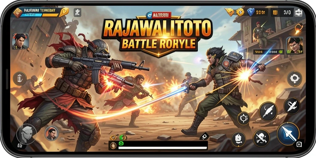 Gameplay RAJAWALITOTO menunjukkan aksi seru di medan perang Battle Royale.