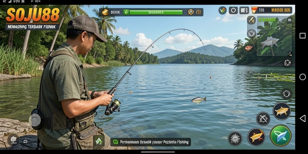 Screenshot gameplay SOJU88 yang menampilkan aksi memancing yang seru.