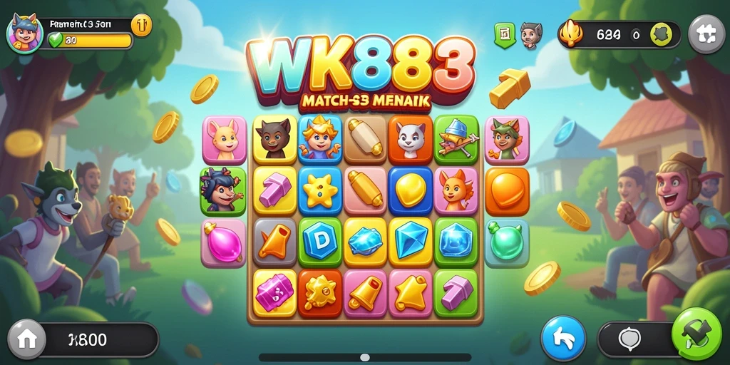 Tampilan gameplay Match-3 yang seru dan penuh warna.