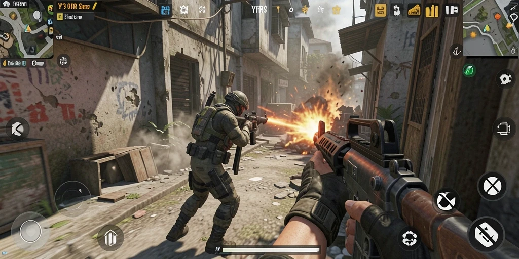 Screenshot gameplay utama YYRR menampilkan aksi pertempuran yang mendebarkan.